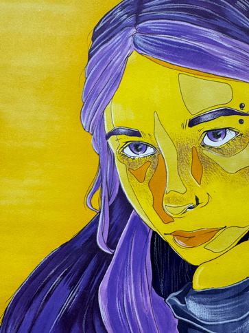 Self-portrait, purple and yellow face, detail of color theory project by STCC fine arts major, Sarah Wojnarowski