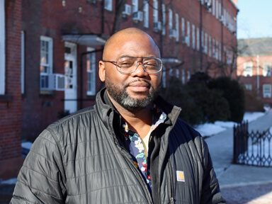 James Sean Johnson in front of Garvey Hall