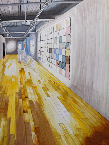 painting of gallery with ReThreading the Surface exhibit