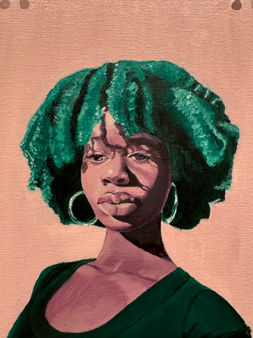 student portrait with sullen face, green curly hair, and a green dress