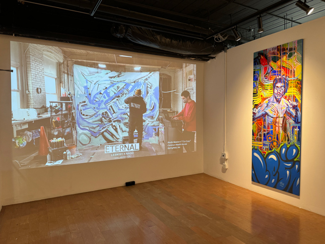 LESN101 x NAG), on left, ETERNAL, a video and sound installation, and right, Be Water, spray paint and acrylic on canvas, 96x36”