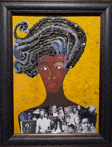 collage of black woman portrait with torso formed by photos of other black women and hair formed of black scrabble pieces spelling out the names of those women featured below