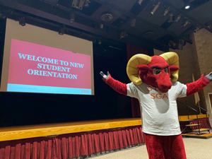 Rowdy the Ram mascot at New Student Orientation