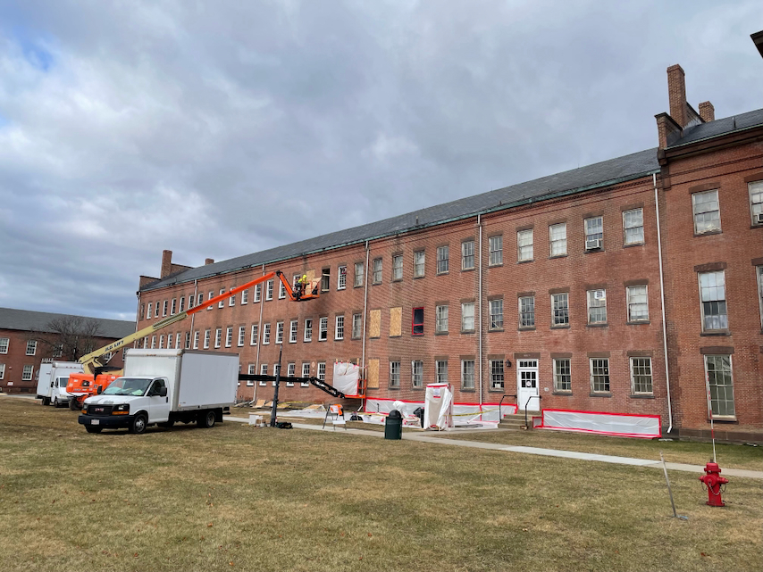 Garvey Hall window project seen from green, closer angle